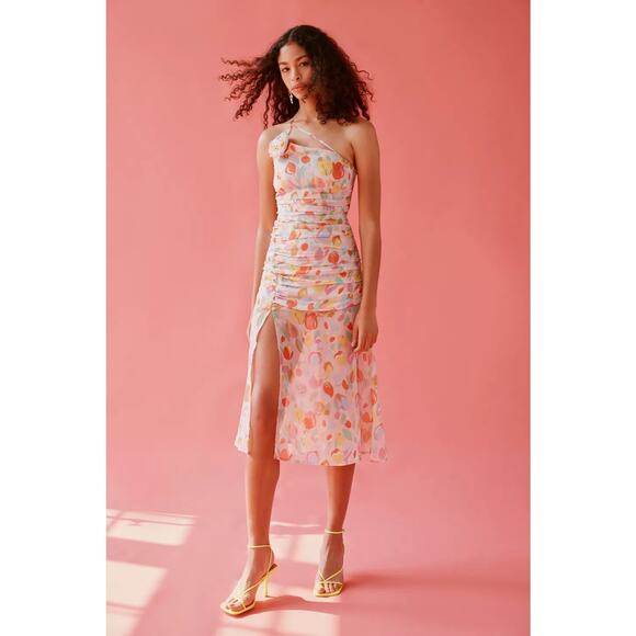 For Love & Lemons NWT Desmona One-Shoulder Tulip Floral Midi Dress Ruched XS - Picture 2 of 16